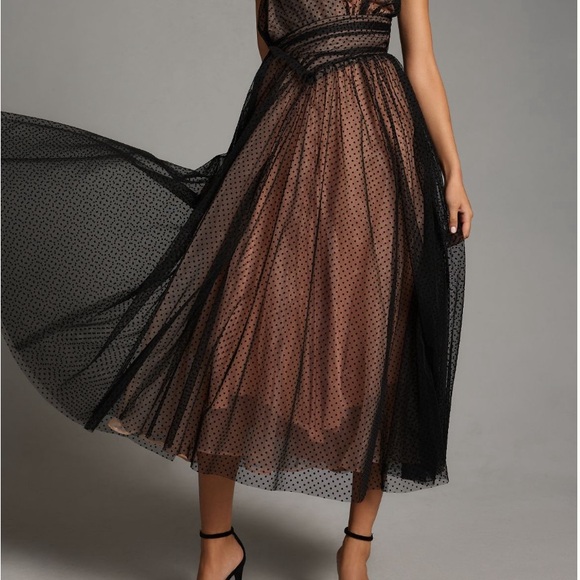 NWT Anthropologie Tulle Polka Dot One Shoulder Midi Maxi Dress Black - Picture 2 of 6